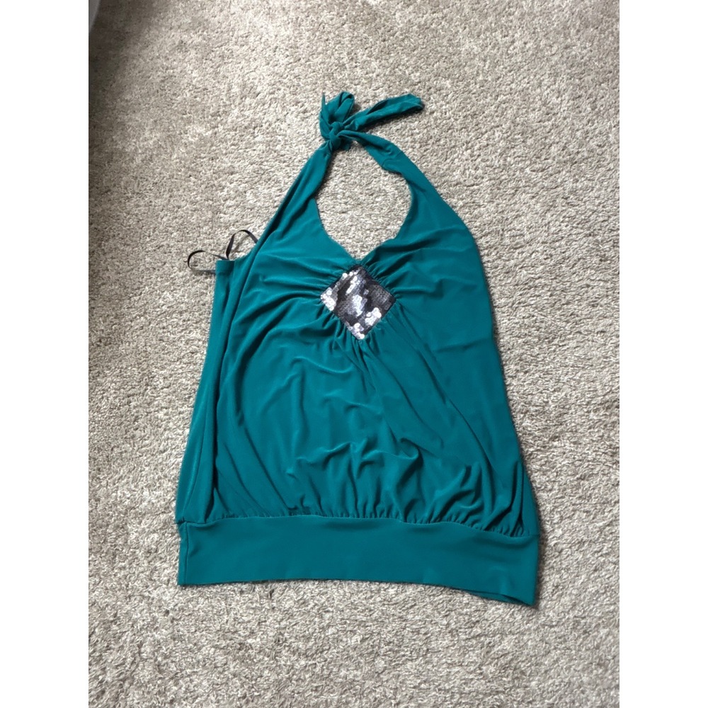Torrid Teal Green Sequin Halter Top Size 1 Plus Size Y2K Party Blouse